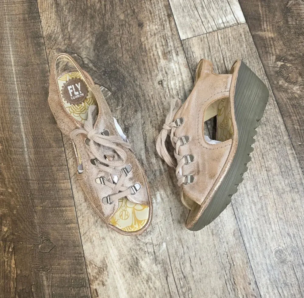 Fly London Ylva sandals Lace Up Wedge Metallic Size 41